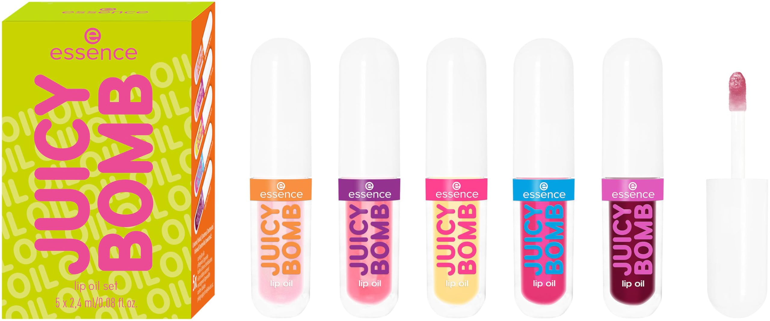  Essence JUICY BOMB lip oil set radiante para labios, 5 tonos afrutados, aroma tropical, 5x2,4ml
| Essence JUICY BOMB li
